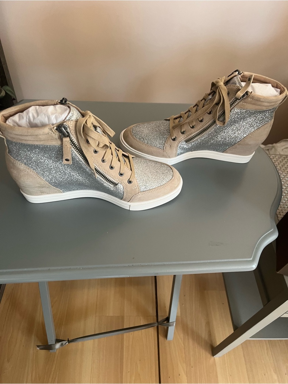 Paolo Silver Glitter and Beige Wedge Sneakers